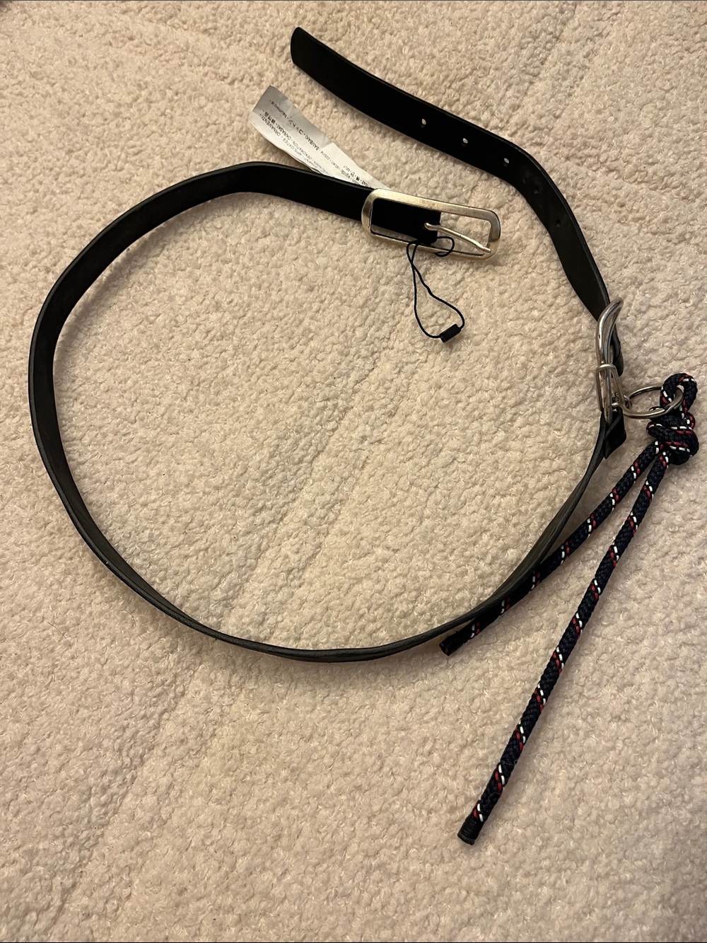 Zara Black Leather Belt with Rectangular Silver Buckle w/ rope tassel